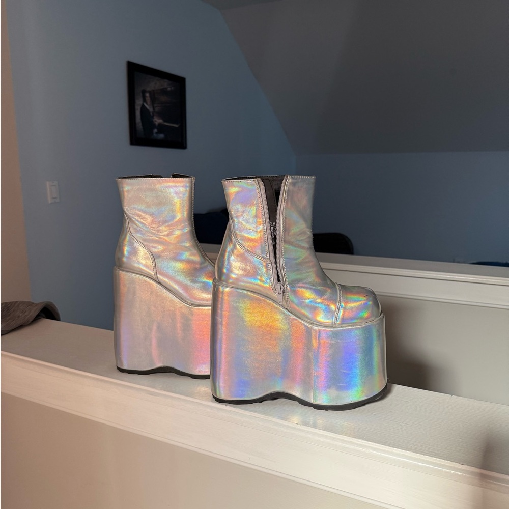 Demonia Silver Holographic Platform Boots - image 1